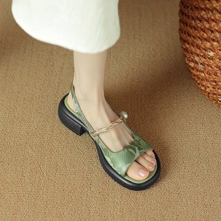Yuewen Mới Phong Cách Trung Hoa Bước Vào Shit Da Thật Chính Hãng Giày Sandal Mở Mũi Nữ Đế Mềm Không Mệt Mỏi Chân La Mã Nữ