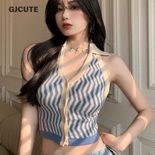 Gjcute Dệt Kim Crop Top Nữ Cổ Áo Gợi Cảm Mùa Hè Sọc Midriff-baring Áo Lưng Không Tay Sang Trọng Y2k Top WTD