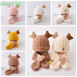 Bộ mũ khăn quàng gấu dễ thương SHANLIN, Phụ kiện vải phong cách Hàn Quốc Búp bê 3D Beanie sang trọng, Bộ giảm thanh đan ấm áp Phim hoạt hình Khăn quàng cổ rắn mùa đông thu