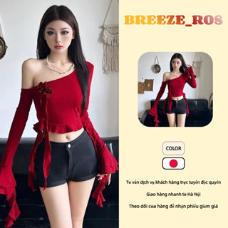  Breeze_ros Áo Thun Dài Tay Thiết Kế Trễ Vai Cho Nữ Thời Trang Niche Màu Đỏ Dáng Ôm Không Đều Áo Ngắn-V337 