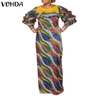 Vonda Nữ Vintage Cổ Tròn Raglan Tay Áo Chắp Vá In Váy