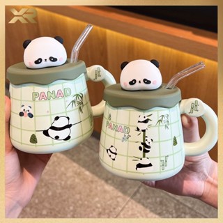 Cốc uống nước cốc sứ hình gấu trúc dễ thương làm quà sinh nhật quà tặng 400ml+Ống hút thuỷ tinh XMB