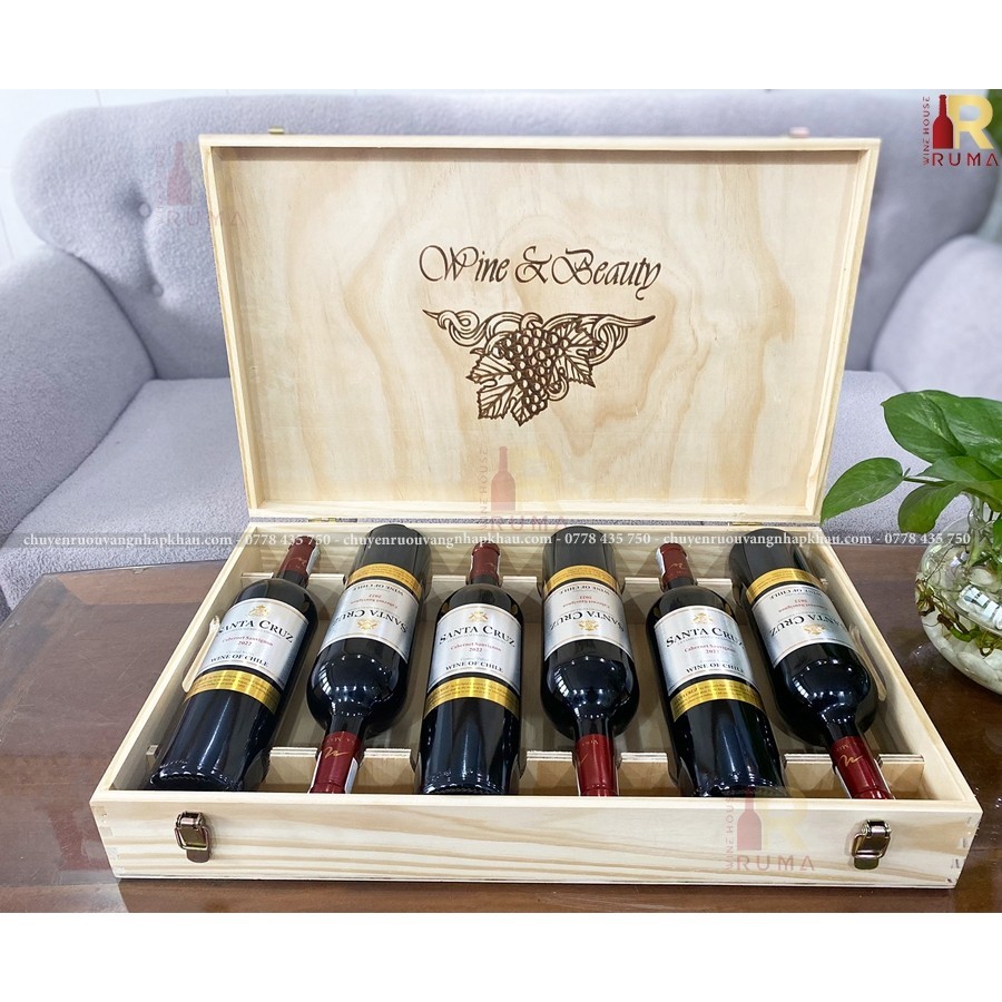 [Nhập khẩu chính hãng] Quà tặng hộp gỗ 6 chai rượu vang Chile Santa Cruz