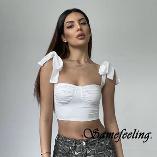 Sf-nữ Áo Vest Màu Trơn Không Tay Dây Buộc Thấp Áo Crop Tops Cho Mùa Hè Đen / Trắng / Đỏ / Xanh S / M / L