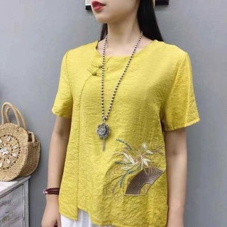 Cotton Và Vải Lanh Mùa Hè Trung Quốc Nút Thắt Lưng Mẹ Nghệ Thuật Retro Áo Thun Tay Ngắn Thời Trang Rời Đế Cotton Tay Ngắn Top SXJB