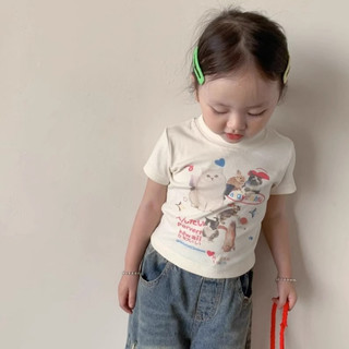 Áo thun ngắn màu trắng hoạt hình bé gái Hàn Quốc dành cho trẻ em cỡ nhỏ và vừa bó sát tay ngắn mùa hè nhỏ tươi áo
