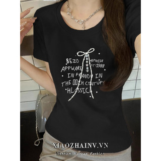Xiaozhainv Áo Thun Cotton Đen Sang Trọng Cổ Tròn Tay Ngắn Áo Thun Nữ Mùa Hè Mới In Slim Fit Slim Top