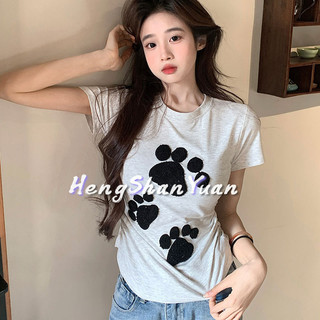 Heng Shan Yuan Áo thun nữ hoạt hình phong cách Hàn Quốc tay ngắn cổ tròn mỏng