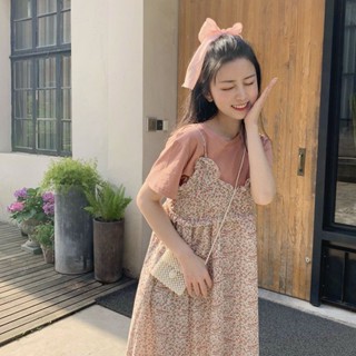 Set Áo Ngắn Tay Cổ Tròn, Váy 2 Dây Hoa Nhí Phong Cách Hàn Quốc