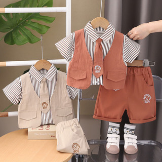  Bộ đồ mùa hè cho bé trai Áo Vest ba mảnh giả Dây buộc phong cách mới Thời trang trẻ em Bộ đồ hai mảnh ngắn tay mùa hè Phong cách hợp thời trang