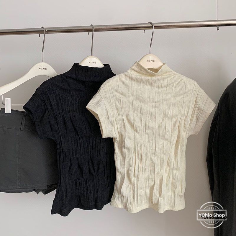 Áo thun nữ cổ cao nửa cổ cao giảm béo màu trơn mùa hè | BigBuy360 - bigbuy360.vn