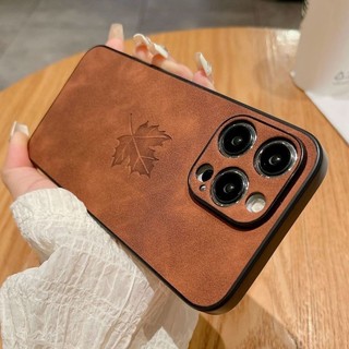 Ốp điện thoại da họa tiết lá phong sang trọng mờ cho iPhone 15 14 13 12 11 Promax 14 15 Plus X XS XR Max PU Business Ốp lưng chống sốc
