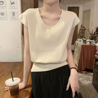 Yuewen Mai Màu Chính Hãng Vai Ngắn Lụa Băng Ngắn Tay Áo Thun Nữ Pháp Ngọt Cay Áo Len Nhỏ Bay Tay Top