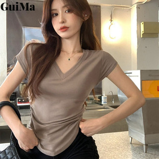 Áo thun nữ GuiMa màu trơn phong cách gợi cảm cổ chữ v ngắn tay phong cách mới dáng ôm vừa vặn