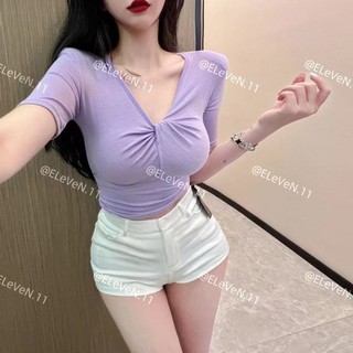 Hot Girl Bottoming Shirt Sexy Padded Shoulder Tight-Fitting Solid Color Style ShortVWomen's Xiacnee Short-Sleeved Shirt~TT-shirt BA1O