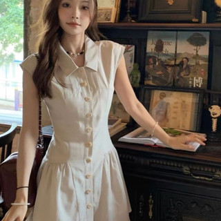 Váy Liền Cổ Bẻ Kiểu Pháp Váy Ngắn Kiểu Tây Màu Trơn Tôn Dáng Chít Eo Phong Cách Dịu Dàng Mùa Hè Cho Nữ