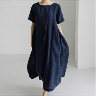 Xj Bán Tik Tok Tóc Thẳng Kích Thước Lớn Vải Lanh Cotton Rời Váy Chui Đầu Cổ Tròn Over-the-Knee Váy Dài Tính Khí Phong Cách Preppy