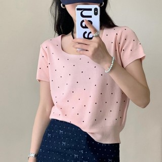 Mùa Hè Phong Cách Mới Nhẹ Nhàng Cổ Vuông Chấm Bi Ngắn Đan Nữ Rời Ôm Hơn Nhìn Tay Ngắn Top