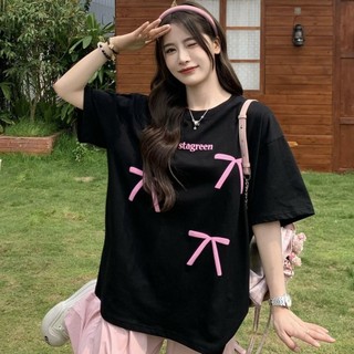 100 _ No Pilling Đen Nơ In Tay Ngắn Mùa Hè Phong Cách Mới Mùa Hè Độc Đáo Mỏng Hơn Nhìn Giảm Tuổi Top ins