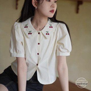 Áo sơ mi ngắn tay cổ búp bê thêu mùa hè dành cho nữ