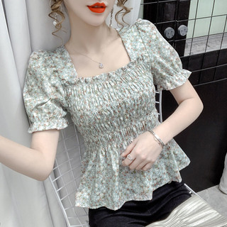 2024 Phong Cách Mới Mùa Hè Retro Phong Cách Hồng Kông Cổ Vuông Hoa Tay Ngắn Eo Váy Ôm Hơn Nhìn Pháp Top Ngọt Ngào Tươi