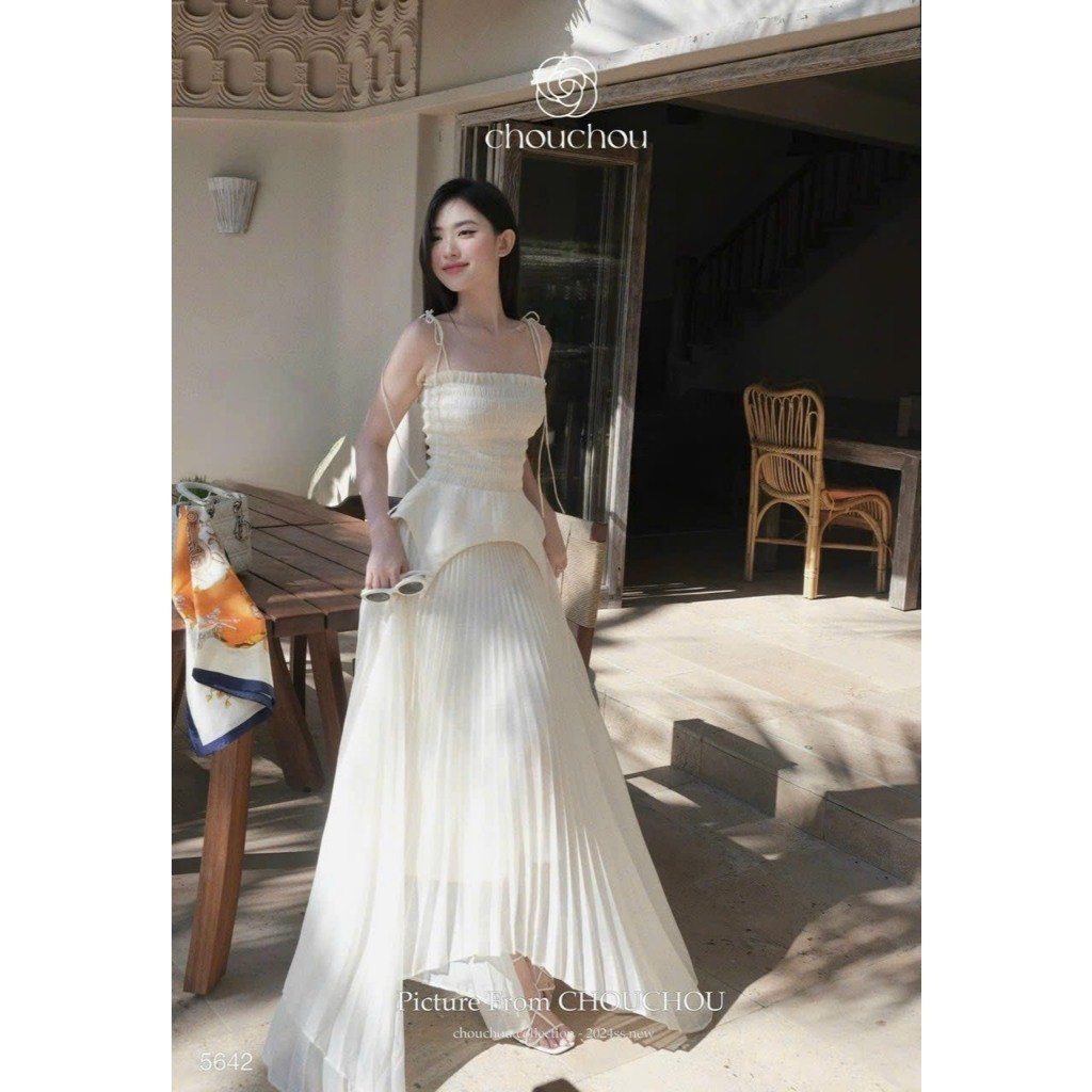 Set váy thời trang đi tiệc áo voan hai dây cúp ngực phối tà xoè Tapta mix chân váy maxi xếp ly