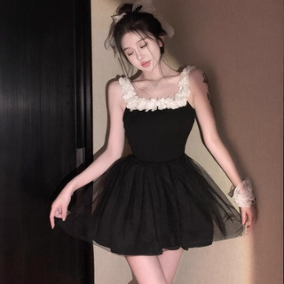 Phong Cách Ba Lê Đen Sling Đầm Nữ Mùa Hè Phong Cách Mới Lông Tơ Đầm Công Chúa