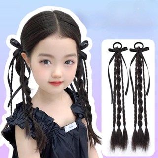(Giao hàng tại địa phương) 2 Chiếc Trẻ Em Ruy Băng Đen Xoắn Bím Tóc Giả Bé Gái Thắt Nơ Quyền Anh Đôi Đuôi Ngựa Nối Dài