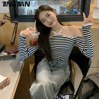 Áo dệt kim nữ Hàn Quốc Off Shoulde Halter Cổ Slim Casual Sọc Áo len dài tay