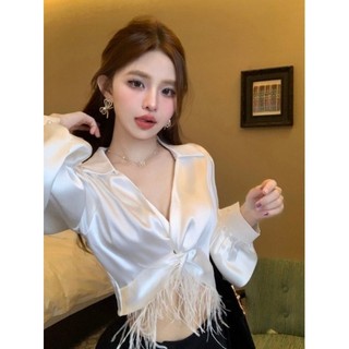 Áo Sơ Mi Nữ Rất Cổ Tích Trà Nghệ Thuật Tinh Khiết Desire Lông Vũ Cô Gái Nóng Satin Ngắn Top Nguyên Chất Siêu Cổ Tích Pháp Ngọt Ngào Sang Trọng Dài Tay IYXZ