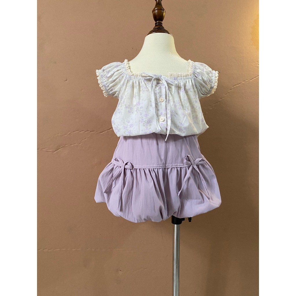 Set 2 chi tiết áo sơ mi ngắn tay viền ren hoa tím+ chân váy phồng nơ tím phong cách hàn bé gái 1-8T