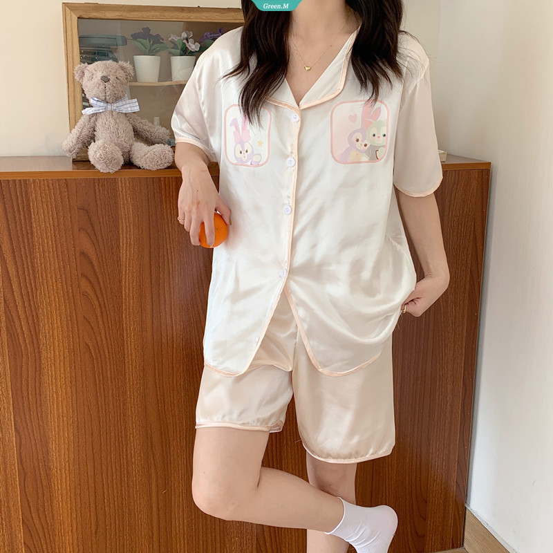 Hoạt Hình Dễ Thương StellaLou Bộ Đồ Ngủ Nữ Mùa Hè Mới Cinnamoroll Ice Silk Cardigan Nút Xuống Quần Short Tay Ngắn Ký Túc Xá Sinh Viên Ngoài Nhà Quần Áo [GM]