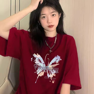 [Polyester] Áo thun nữ tay ngắn cổ tròn in hình con bướm mới mùa hè Áo thun dáng rộng đa năng thông thường