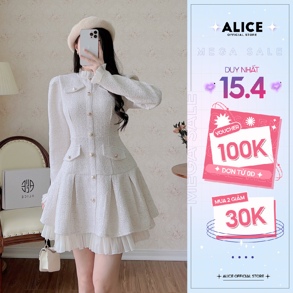 Váy Dạ Tweed Tiểu Thư ALICE Set Váy Dạ Tay Dài, Váy Tết, Váy Mùa Đông Nữ Thiết Kế Kim Sa Phối Tơ Nhũ Dáng Xoè V1059