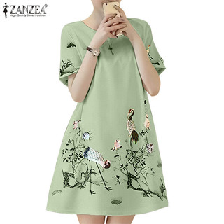 Zanzea Váy cổ tròn tay ngắn in họa tiết giản dị Hàn Quốc dành cho nữ