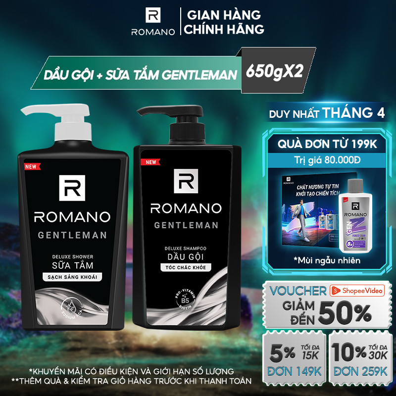 Combo Dầu gội và Sữa tắm cao cấp Romano Gentleman 650g/chai