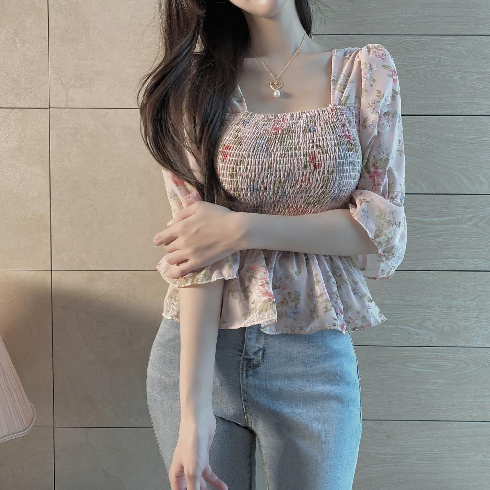 Áo voan hoa mùa hè có loe ở eo đến tay ngắn thon gọn