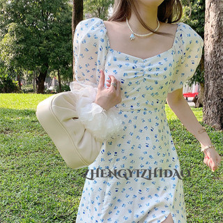Zhengyizhidao Hoa Pháp Cổ Vuông Puff Tay Đầm Nữ Thiết Kế Mới Sense Niche Eo Khe