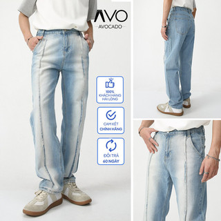Quần Jean nam ống rộng Xếp Ly Avocado, Quần bò Baggy nam ống suông màu xanh wash cao cấp bigsize đẹp