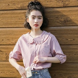 Nữ 2024 Nguyên Chất Cotton Rời Áo Sơ Mi Tay Ngắn Mùa Hè Hàn Quốc Mới Ngọt Ngào Búp Bê Cổ Ngắn Top Nghệ Thuật Phong Cách Retro Phù Hợp Với Áo Sơ Mi Nửa Tay Màu Trắng WX1I