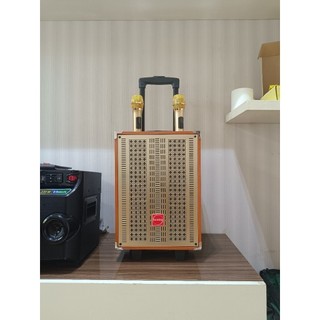 Loa kéo karaoke ontekco hozing 8002 loa bluetooth kèm 2 micro bass 20cm, chống hú cao cấp vỏ gỗ lưới mạ vàng