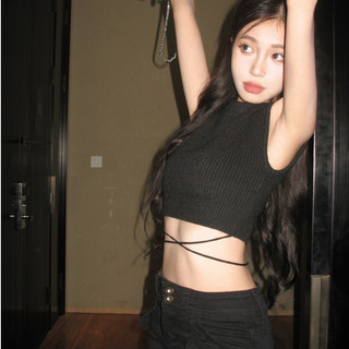 Thiết kế cảm giác dệt kim áo nữ gợi cảm hot girl phong cách ren-up áo thun ngắn mùa hè cao cấp cảm giác trang trọng vai không tay hàng đầu phong cách lông cừu kn