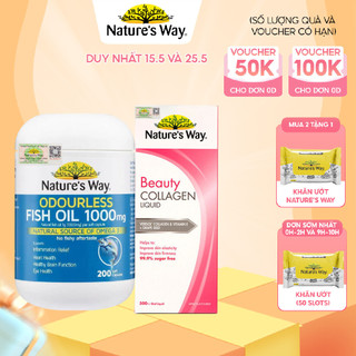 Combo Làm Đẹp Beauty Collagen Liquid, Odourless Fish Oil NATURE'S WAY Hỗ Trợ Thị Lực, Giảm Lão Hóa, Tăng Độ Đàn Hồi Da