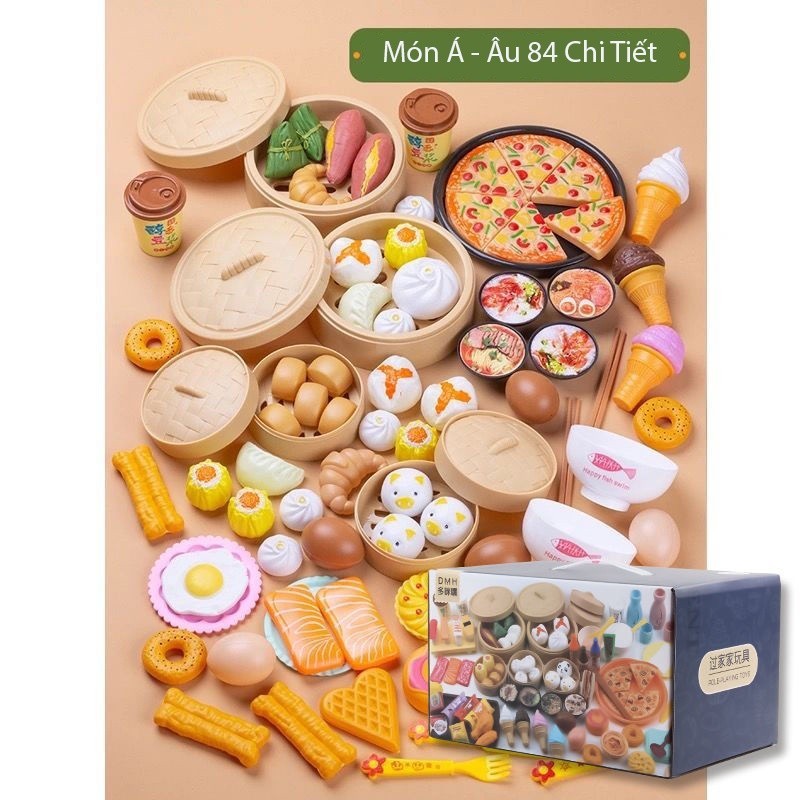 [Hàng Sẵn]Bộ đồ chơi nấu ăn Bánh bao Dimsum, Há cảo, Pizza đầy đủ phụ kiện nhà Bếp, 84 chi tiết.
