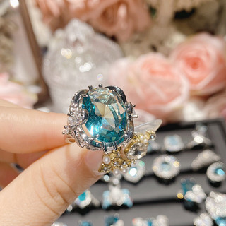 Nhẫn Aquamarine Micro-Set Vòng mở phóng đại