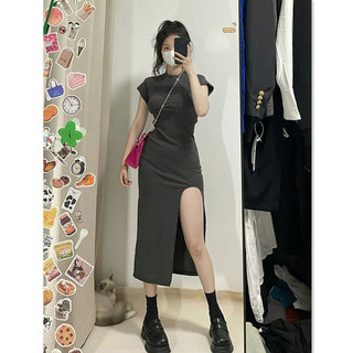 Yuewen Phối Họa Tiết Hợp Thời Trang Đầm Nữ Nhỏ Slim-fit Skinny bó sát hông Dài Khe Dài
