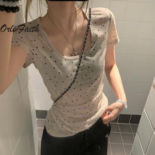 Áo thun nữ OrliFaith 2024 Thời trang chấm bi tay ngắn gợi cảm xuyên thấu nhân quả