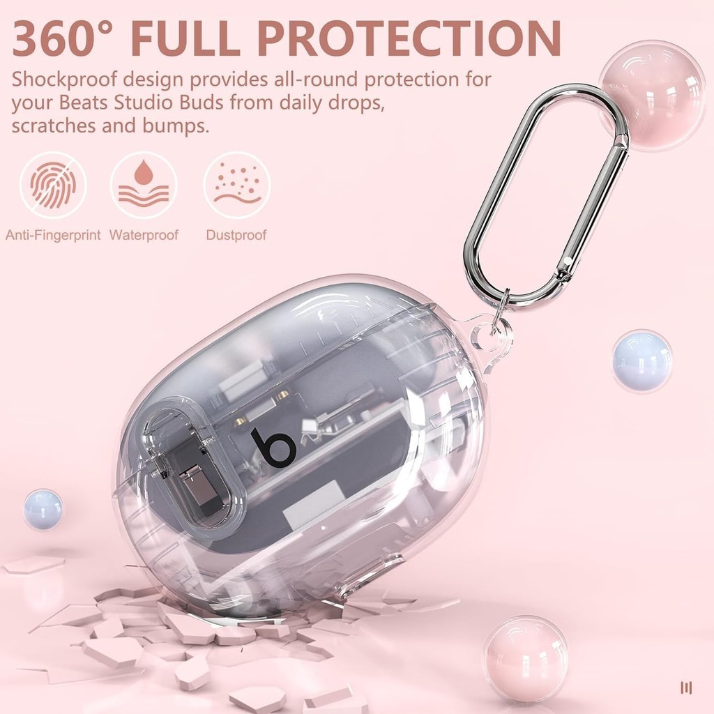 Ốp lưng Beats Studio Buds / Studio Buds Plus Clear 2021 / 2023 với bộ sạch hơn, Vỏ bảo vệ khóa an toàn cho hộp đựng tai nghe Beats Studio Buds + có móc khóa
