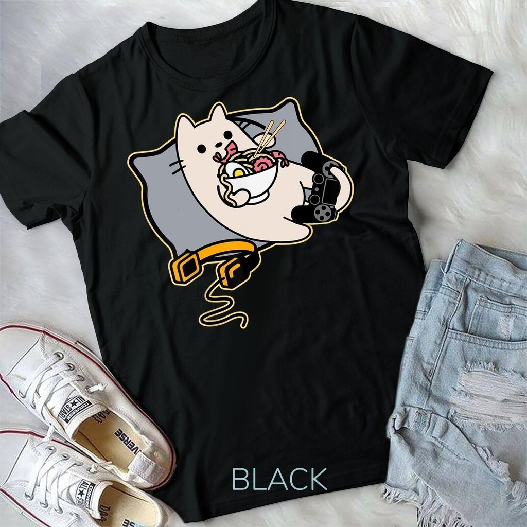 Nerdy Ramen Ăn Game Thủ Mèo Trò Chơi Dừng Áo Thun Unisex Áo Thun