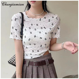 Chunjiamian Mùa Hè Mới Phiên Bản Hàn Quốc Đen Viền Nơ Áo Thun Đa Năng Tay Ngắn Cho Nữ